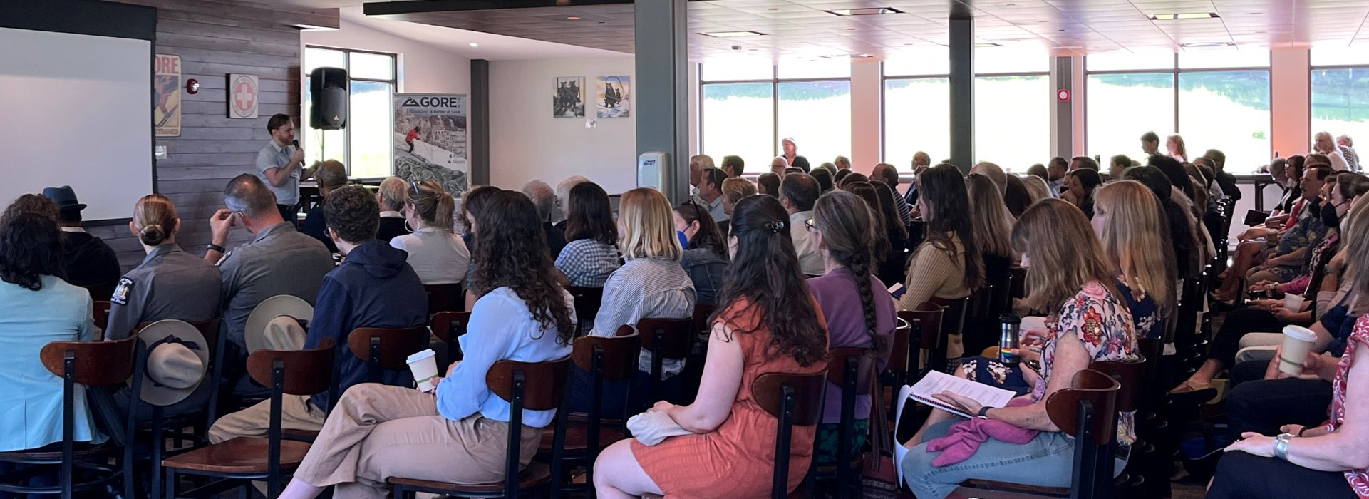 Audience listening to a speaker at the Common Ground Forum, Gore Mountain, June 15, 2022
