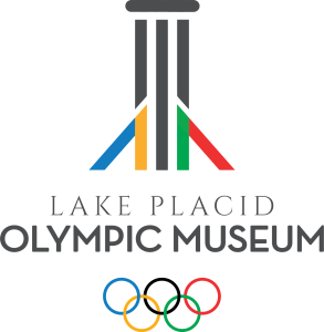 The new Lake Placid Olympic Museum logo in color with a pillar in the middle, colors representing mountains at its base, 