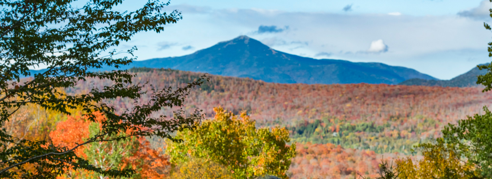 View from Mount Van Hoevenberg through the trees of Whiteface Mountain in the fall.