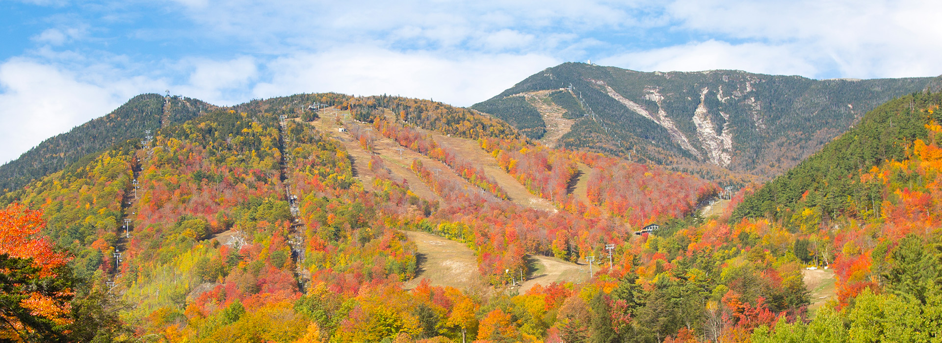 Panoramic view of Whiteface Mountain with Fall foliage.