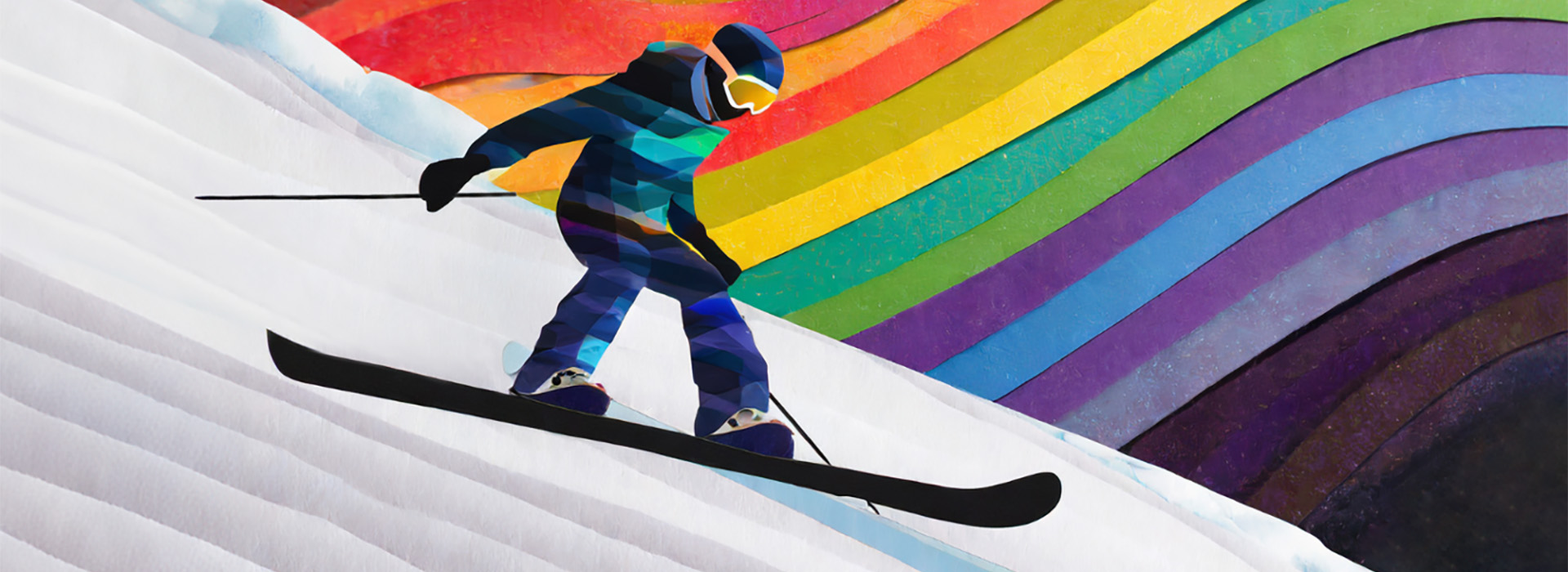Illustration of a snowboarder or skier descending a slope on white snow with a rainbow background.