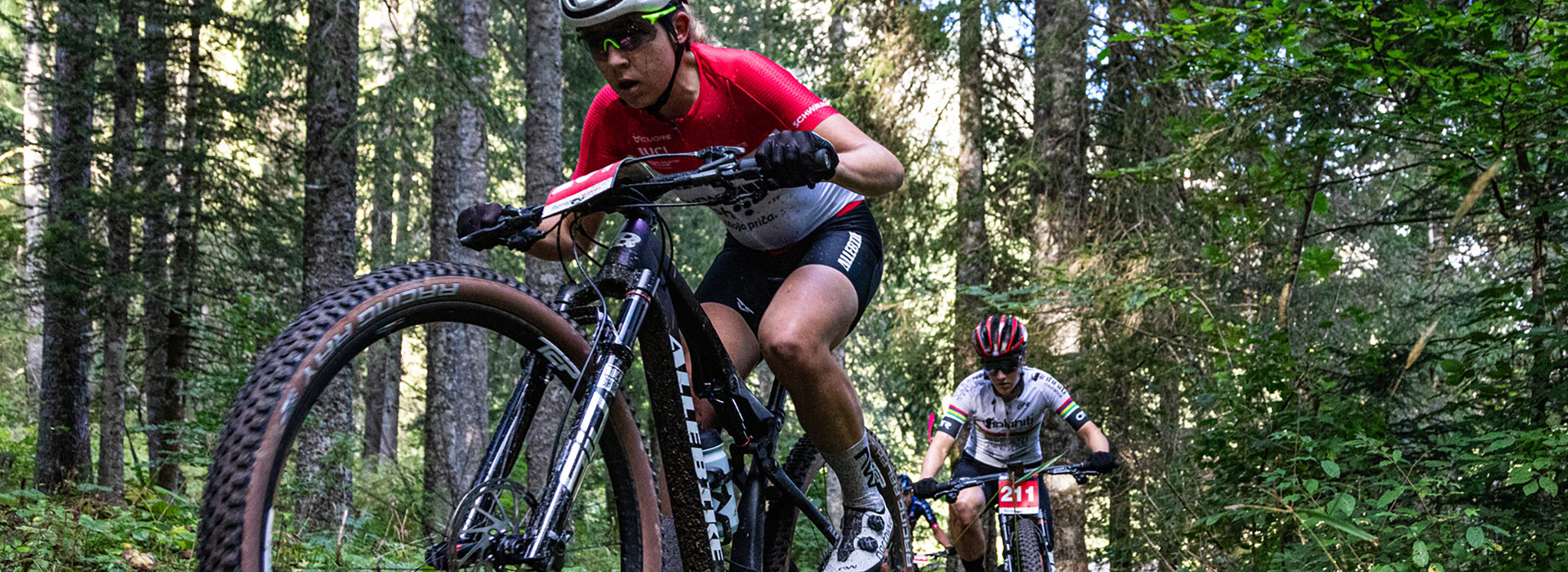 Two women race mountain bikes on single track in a green summer forest.
