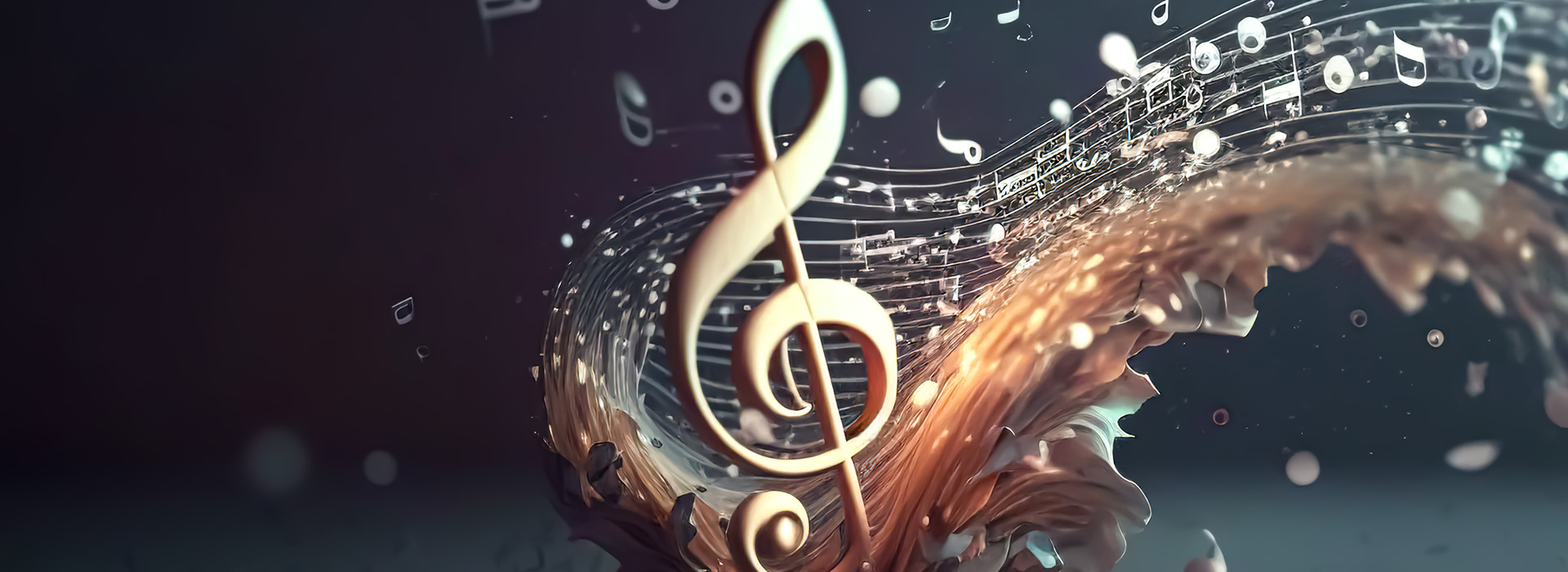 A large, golden musical G clef symbol in the center surrounded by waves and musical notes in an artful presentation full of motion.