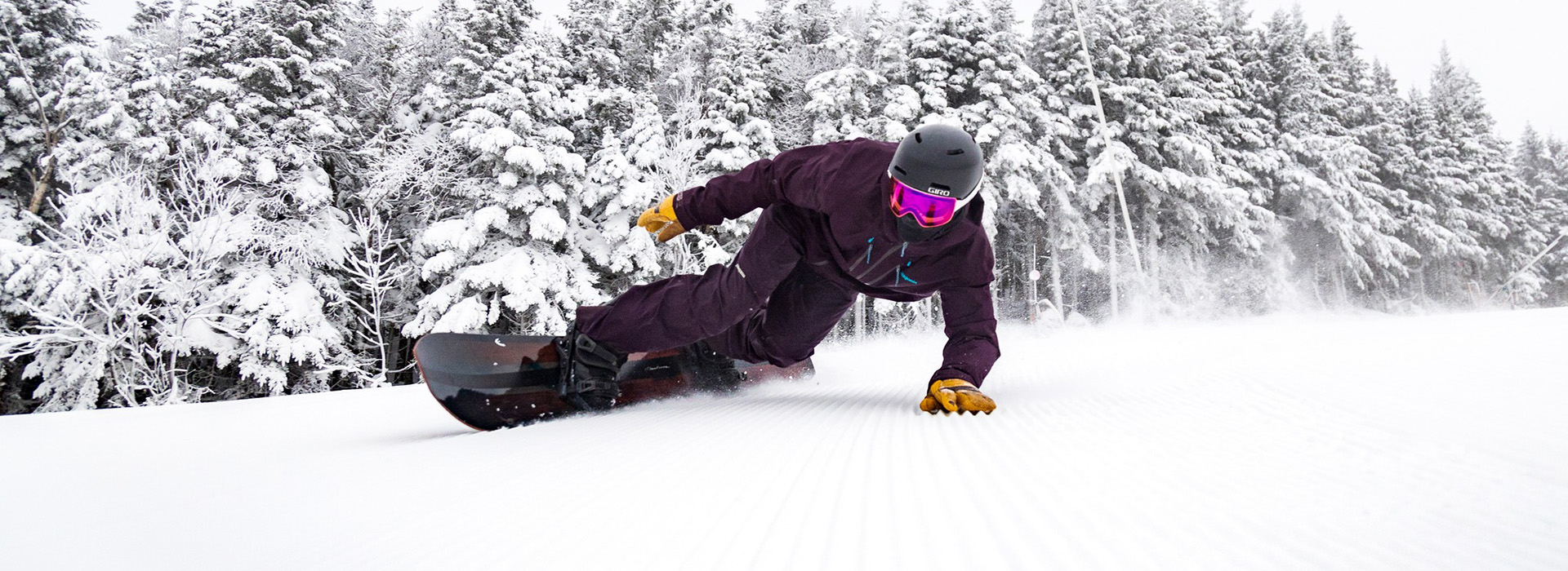 A snowboarder high on the mountain leans deep into a turn on a freshly groomed trail with snow covered pines in the background.