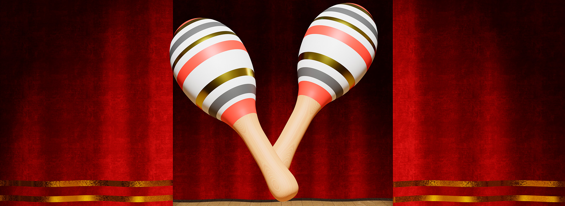 Two striped maracas in mid air on a stage with red velvet curtains.