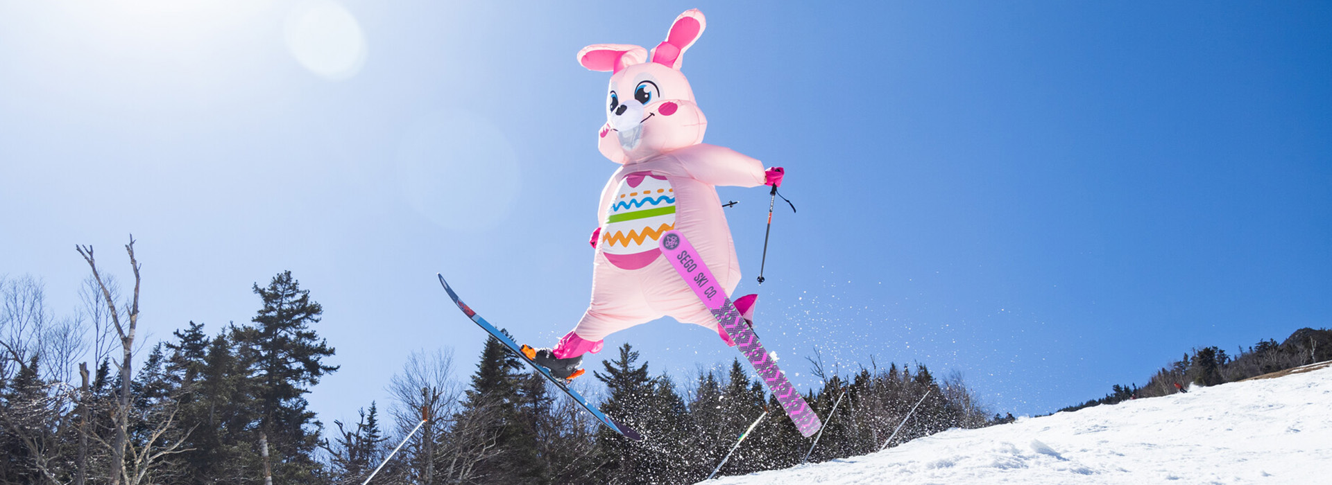 A skier in a big Easter bunny costume jumps and splits their skis in the air against a beautiful blue sky background.