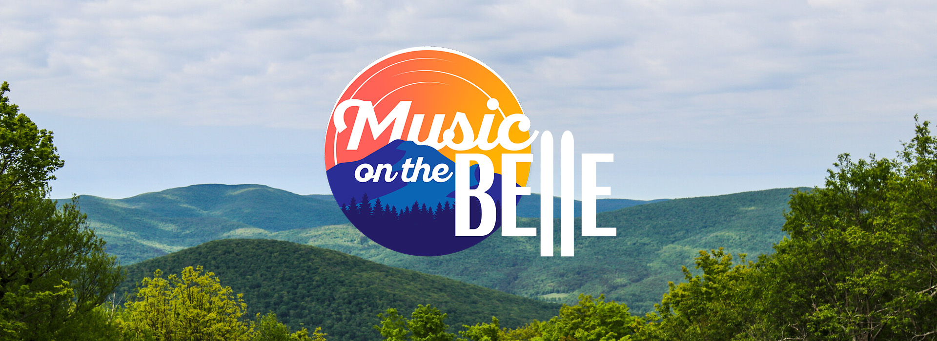 A panoramic image from the Belleayre summit with the Music on the Belle logo in orange and blue in the center.