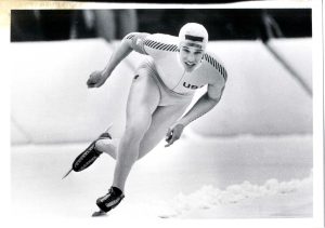 Eric Heiden skates around the oval during competition at the 1980 Winter Olympic Games in Lake Placid. 