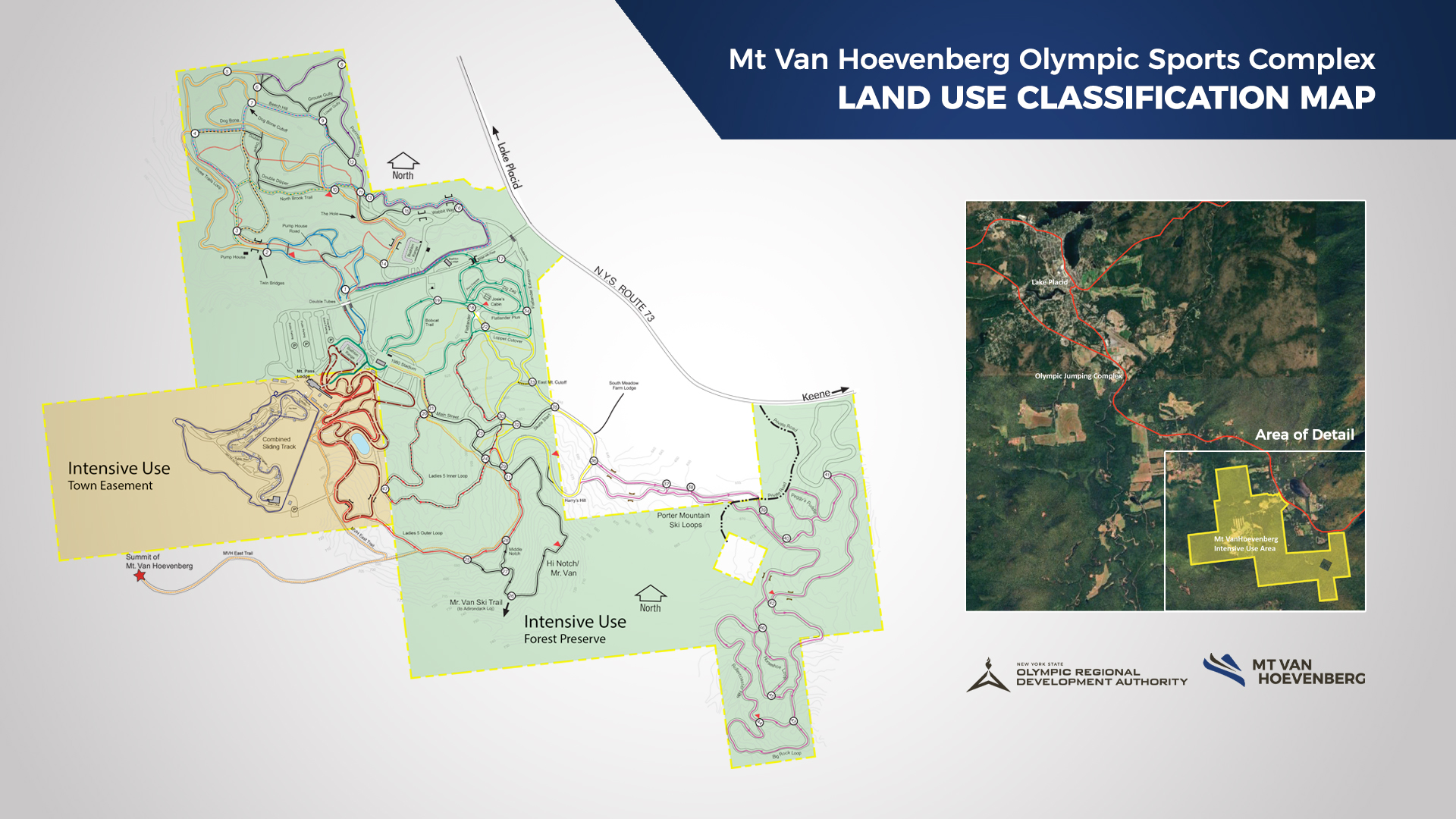 Map of Mt Van Hoevenberg and trails designed to show specifics related to Proposal 1 on the NYS Ballot. 