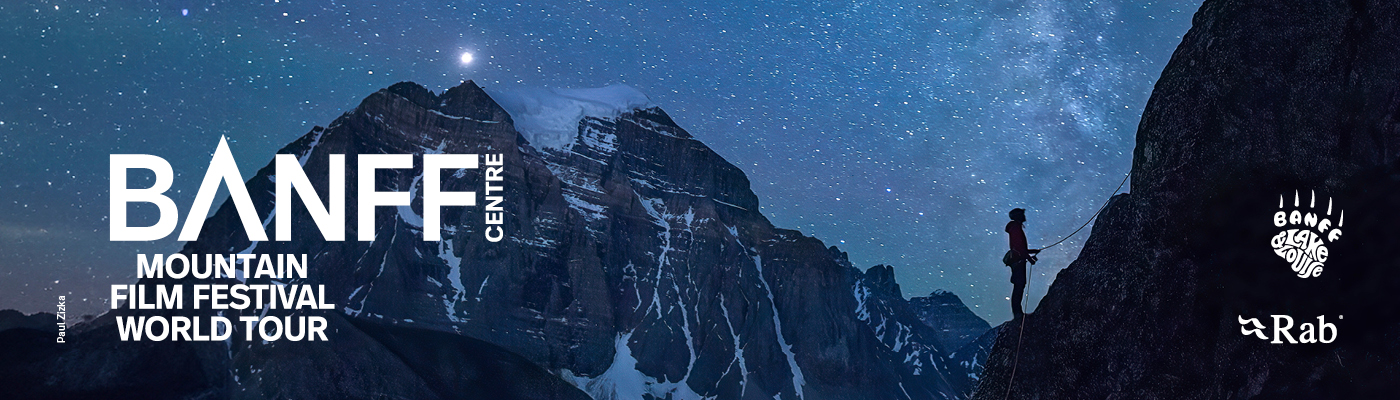Dark silhouette like image of mountains and a climber with the title, "Banff Mountain Film Festival World Tour"