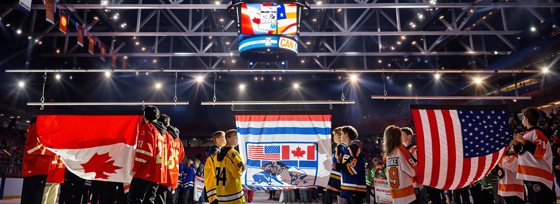 Opening ceremonies for a CAN/AM hockey tournament with the illuminated screen high above youth hockey players on the ice below in the 1980 Herb Brooks Arena.