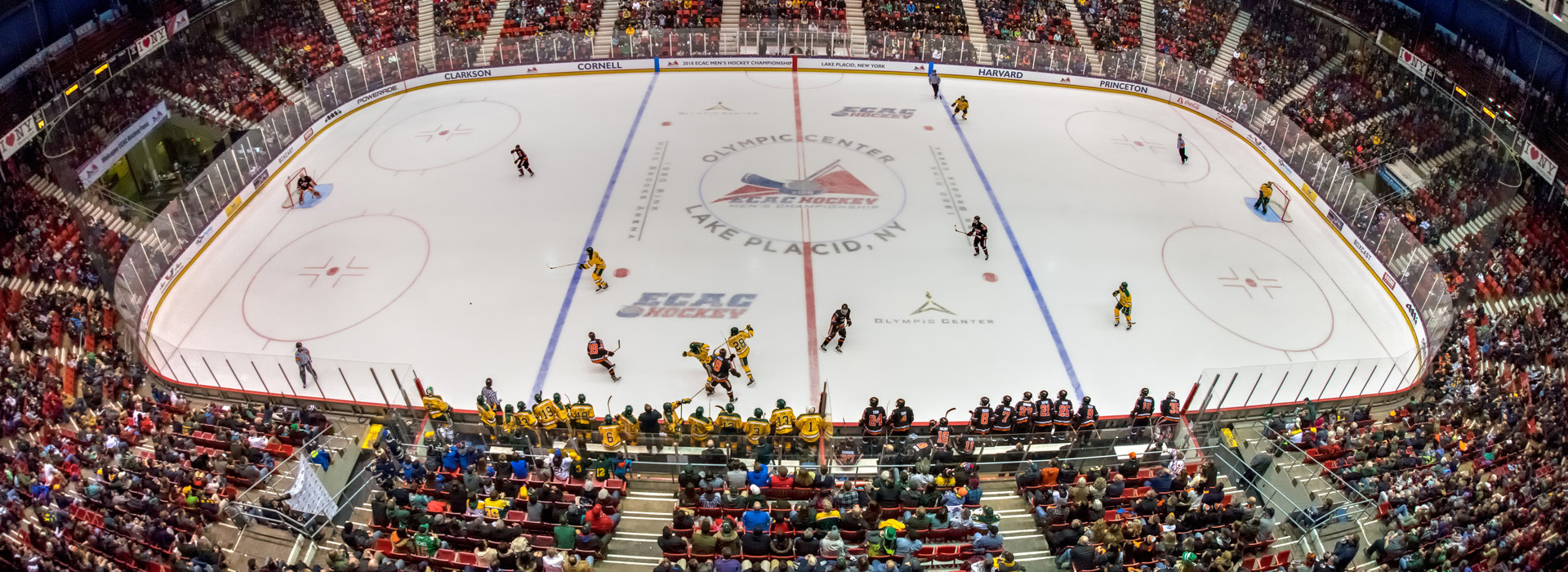 A view from high above the ice in the 1980 Herb Brooks Arena with Princeton and Clarkson going head to head.