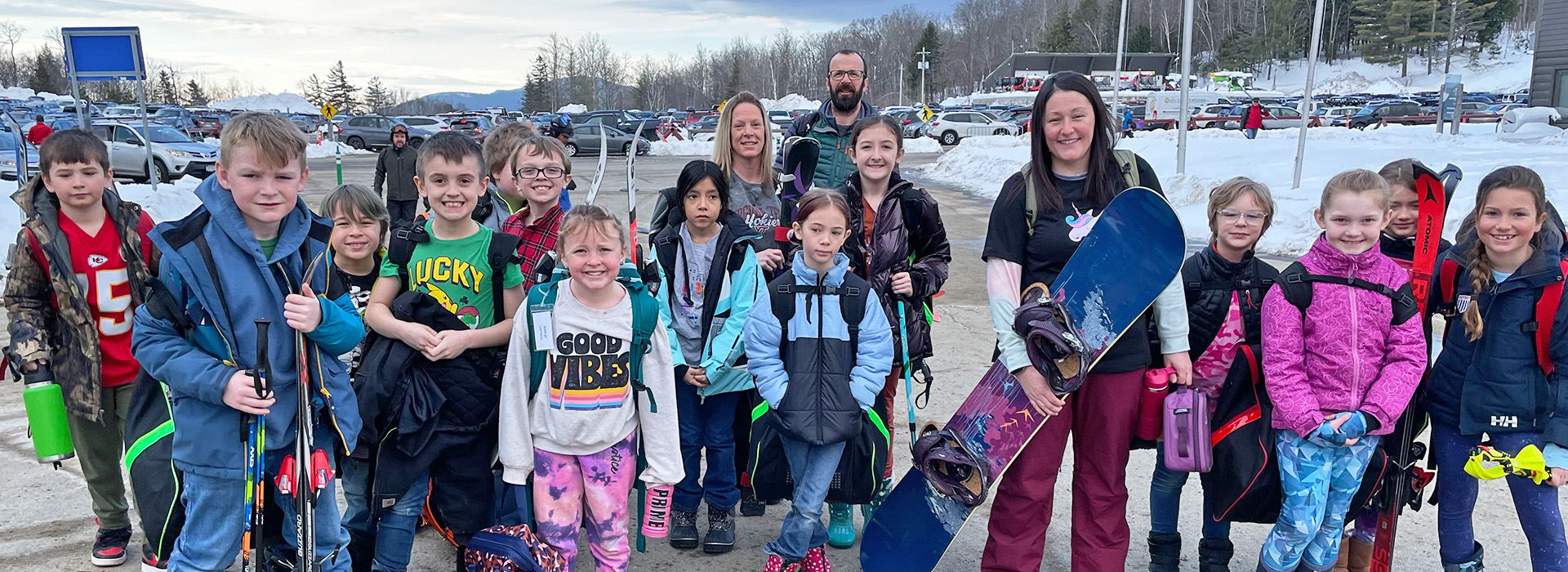 A group of about 15 Johnsburg elementary school children and their teachers at Gore Mountain.