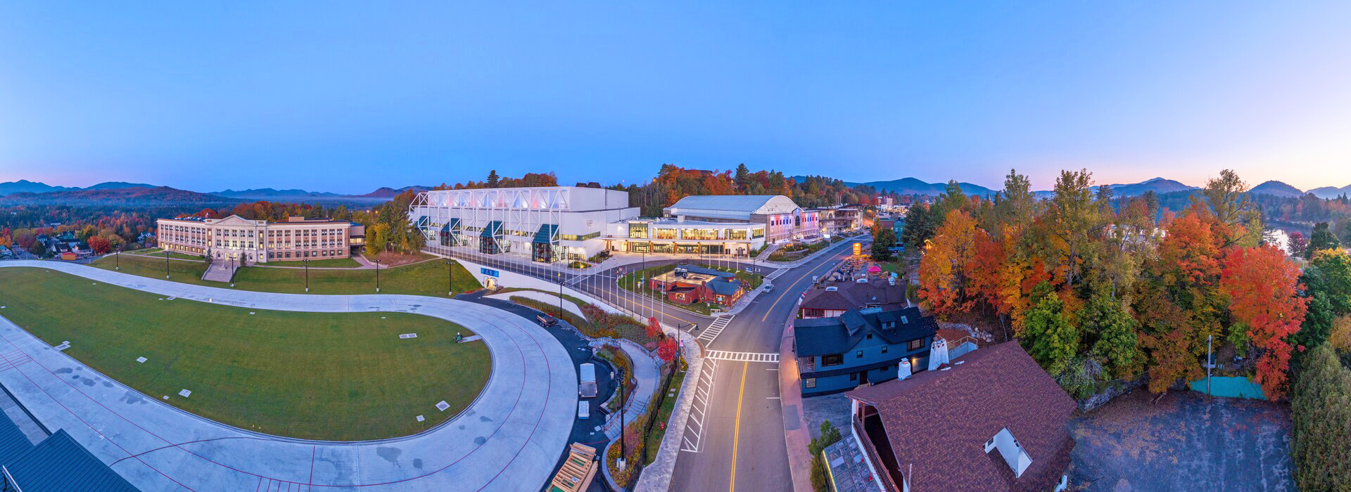 An aerial view of the Olympic Center in downtown Lake Placid in fall.