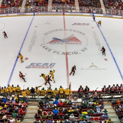 A view from high above the ice in the 1980 Herb Brooks Arena with Princeton and Clarkson going head to head.