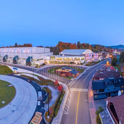 An aerial view of the Olympic Center in downtown Lake Placid in fall.
